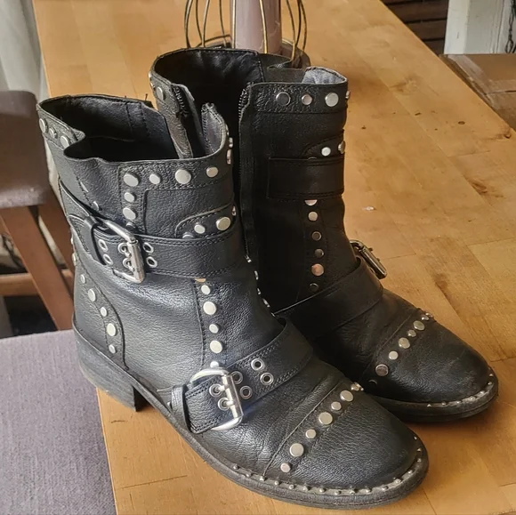 Sam Edelman Black Leather Moto Boots with Silver Studs - Picture 2 of 10